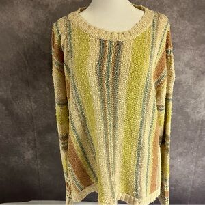 Hem & Thread Earthy Tones Striped Sweater L Boho Festival LIghtweight Textured